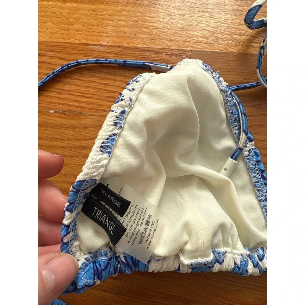 TRIANGL Floral Smocked Bikini Swimsuit Blue‎ White XLarge With Pouch